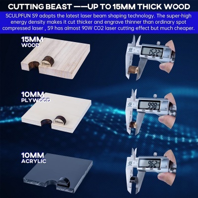 Exemplos de cortes em madeira, compensado e acrílico com medições digitais mostradas.
