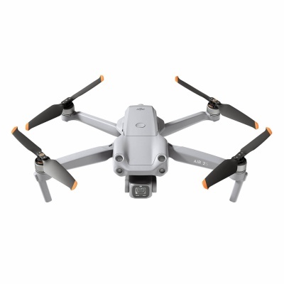Drone cinzento DJI AIR 2S com hélices pretas e detalhes laranja