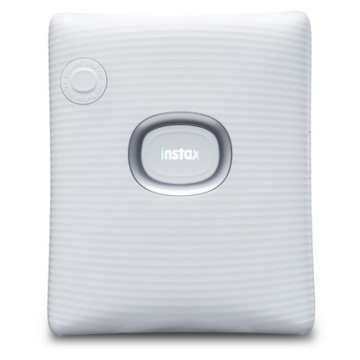 Impressora fotográfica portátil Instax branca com textura em linhas