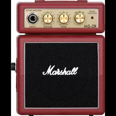 Amplificador de guitarra Marshall MS-2R vermelho e bege com botões e entrada