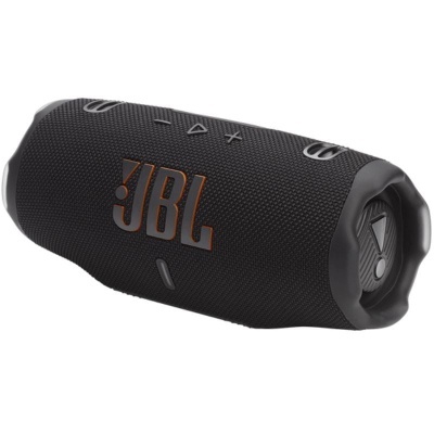 Coluna portátil JBL preta com botões de controlo no topo e logótipo laranja