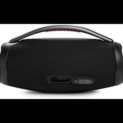 Coluna portátil preta com grelha de tecido e alça