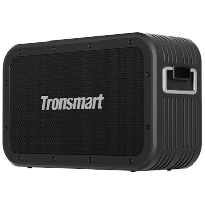 Coluna portátil Tronsmart preta com grelha metálica frontal e alça na lateral