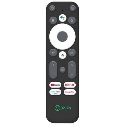 Comando remoto preto com botões de navegação e atalhos para apps