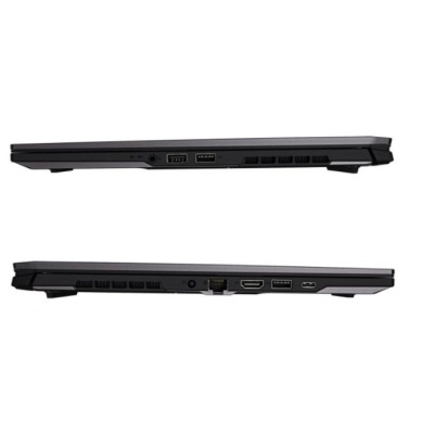Laptop preto fechado visto de lado com portas e ventilação