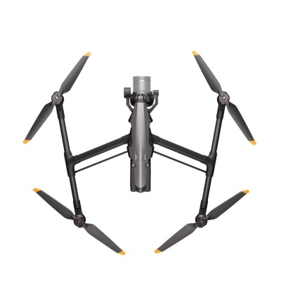 Drone preto com quatro hélices e câmara montada, visto de cima