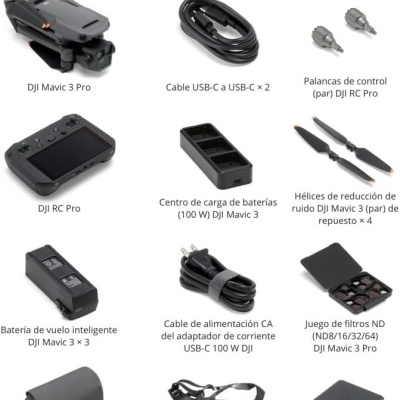 Conjunto de acessórios DJI Mavic 3 Pro para drone com cabos, baterias, controle e filtros em fundo branco.