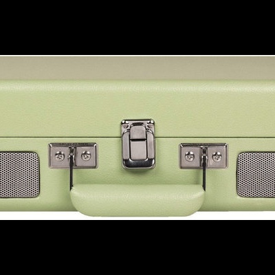 Mala portátil verde claro com altifalantes e pega frontal