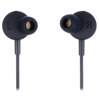 Fones de ouvido intra-auriculares pretos com letras L e R.