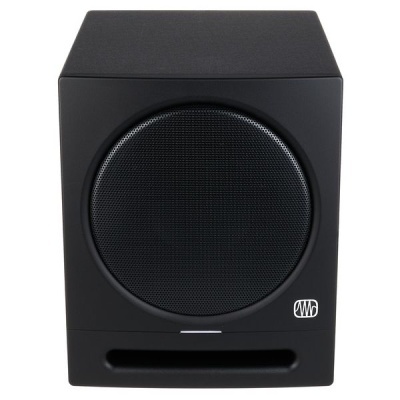 Subwoofer preto com grade circular frontal e logótipo branco no canto inferior direito
