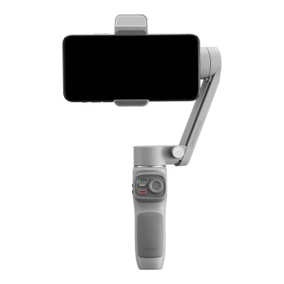 Estabilizador cinzento claro para smartphone com punho e botões de controlo