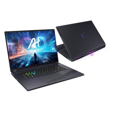 Computadores portáteis pretos GIGABYTE, um aberto e outro fechado com luzes LED púrpuras