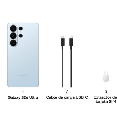 Samsung Galaxy S26 Ultra azul claro com cabo USB-C preto e extrator de cartão SIM branco