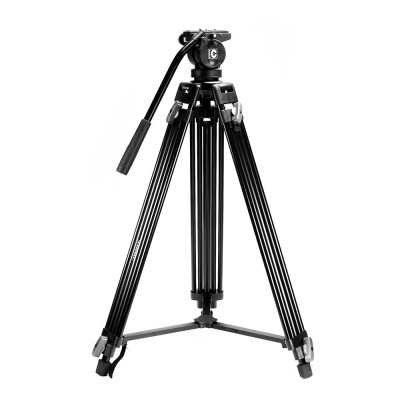 Tripé de câmera preto com alavanca e pernas ajustáveis