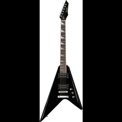 Guitarra elétrica preta em forma de V com detalhes cromados e marcações triangulares no braço