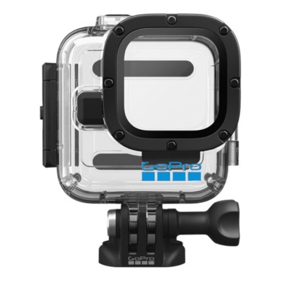 Capa protetora transparente para câmara GoPro com detalhes em preto e logotipo azul e branco