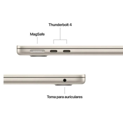 Perfil lateral de portátil prateado com portas MagSafe, Thunderbolt 4, e tomada auriculares