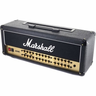 Amplificador de guitarra Marshall JVM preto com painel dourado e vários botões