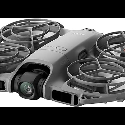 Drone cinza com quatro hélices protegidas e câmara frontal