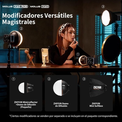 Modificadores de luz ZHIYUN com mulher aplicando batom em estúdio escuro