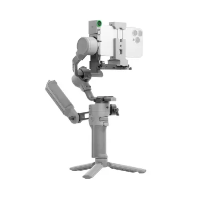 Gimbal cinzento para smartphone com tripé e suporte para telemóvel branco