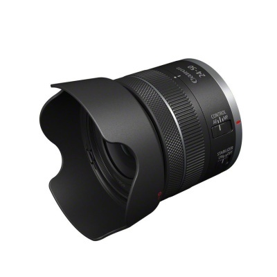 Objetiva fotográfica Canon RF 24-35mm f4 L IS USM preta com visor protetor