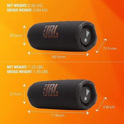 Coluna portátil JBL preta com texto em fundo laranja