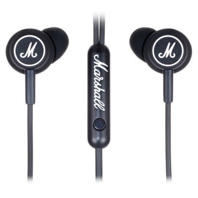 Auriculares intra-auriculares negros com logótipo 'M' e controlo de cabo 'Marshall'