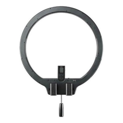 Anel de luz LED circular preto com ecrã digital e suportes para baterias