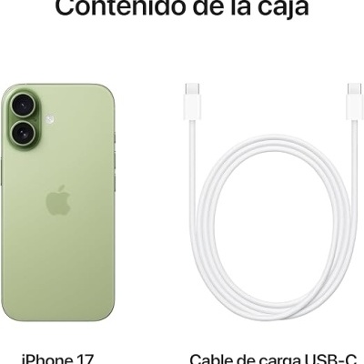 iPhone 17 verde e cabo USB-C branco com texto em espanhol