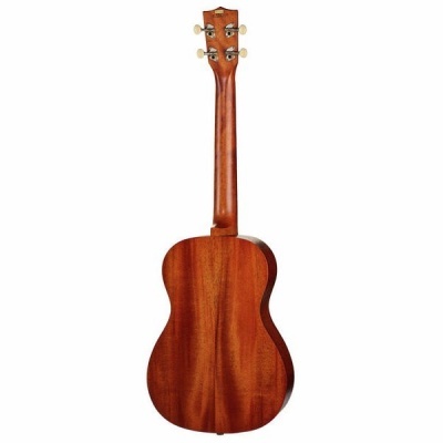 Guitarra de madeira castanha vista de costas