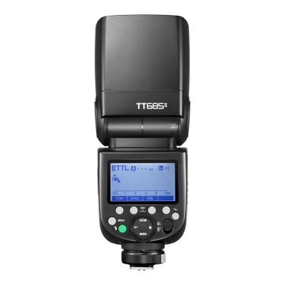 Flash de câmara fotográfica preto com ecrã LCD azul