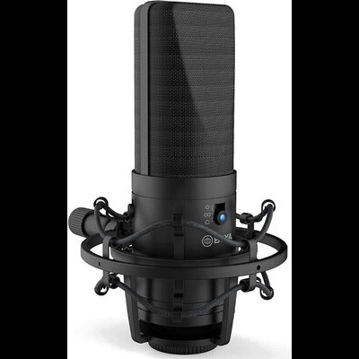 Microfone condensador preto com suporte anti-vibração elástico