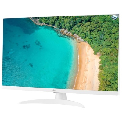 Monitor curvo LG branco com imagem de praia e água azul