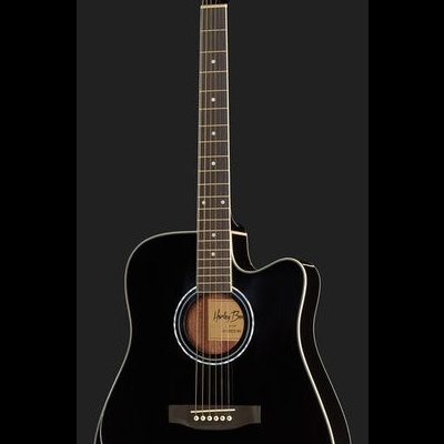 Guitarra acústica preta com braço de madeira escura e marcações brancas