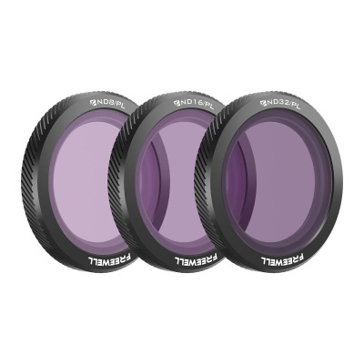 Três filtros de lente para câmeras com moldura preta e vidro cor de roxo