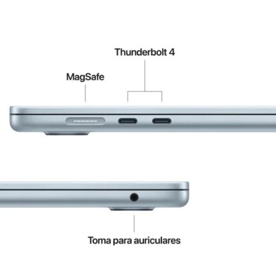 Portátil prata com portas MagSafe, Thunderbolt 4 e tomada para auriculares visíveis na lateral