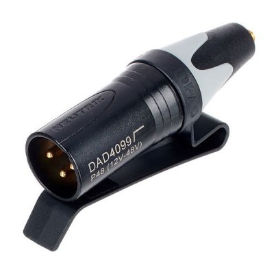 Conector elétrico preto e cinza com três pinos e suporte preto