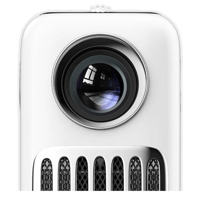 Dispositivo branco com lente circular grande e grelha prateada