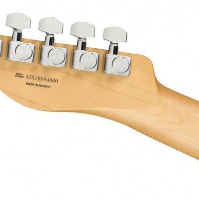 Cabeça de guitarra elétrica em madeira clara com seis tarraxas cromadas e botões brancos