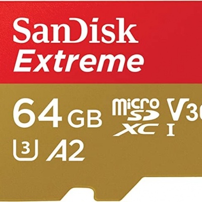 Cartão de memória microSD Sandisk Extreme 64 GB vermelho e dourado com texto branco