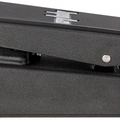 Pedal de efeito preto para guitarra com superfície antiderrapante e parafuso de ajuste