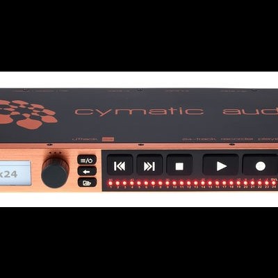 Interface de áudio de rack preta e cobre com botões e barra de LEDs vermelha