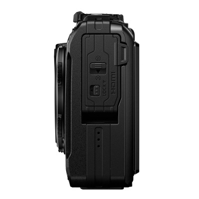 Câmara fotográfica digital preta vista de lado