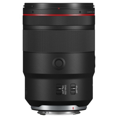 Objetiva fotográfica Canon RF 85mm F1.2L USM DS preta com detalhes vermelhos