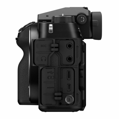 Câmara fotográfica digital preta vista de lado com várias portas