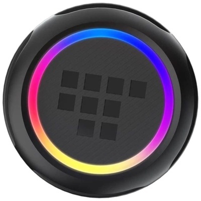 Objeto circular preto com anel luminoso colorido e quadrados no centro