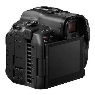 Máquina fotográfica digital Canon EOS R5 C com ecrã LCD aberto