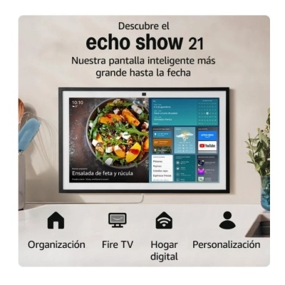 Echo Show 21 ecrã inteligente montado na parede com interface colorida e ícones de funções abaixo.