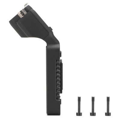 Suporte preto com parte metálica e três parafusos pretos